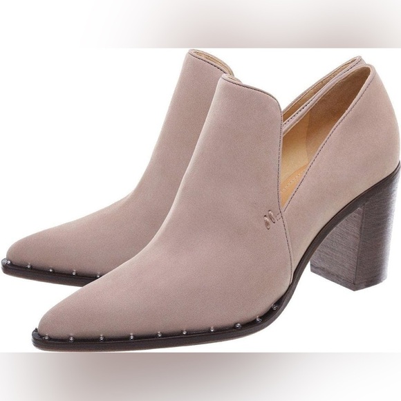 Schutz Krosbie Neutral Nude Suede High Block Pointed Fomo Toe Cut Out Booties - Picture 1 of 9